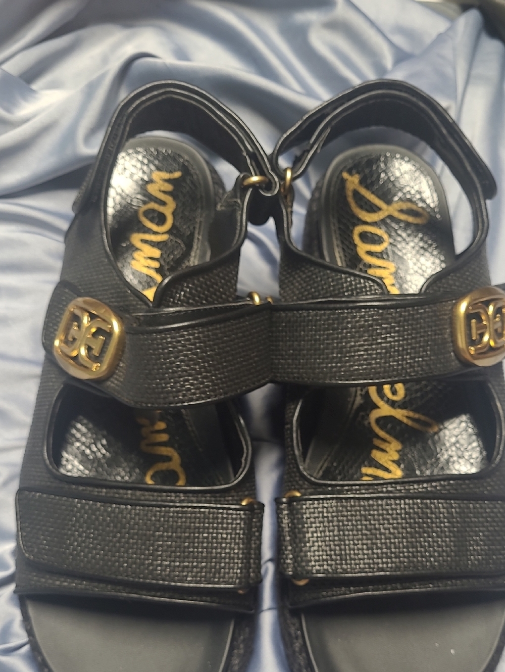 Sam Edelman Black Textured Sandals with Gold Medallions